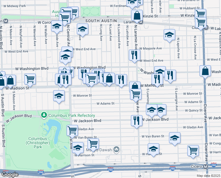 map of restaurants, bars, coffee shops, grocery stores, and more near 5333 West Madison Street in Chicago