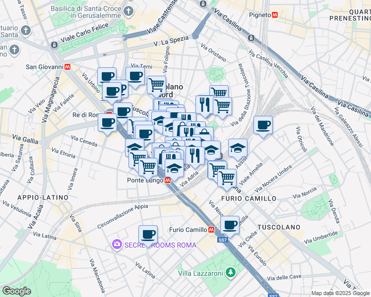 map of restaurants, bars, coffee shops, grocery stores, and more near 62 Via Alba in Roma