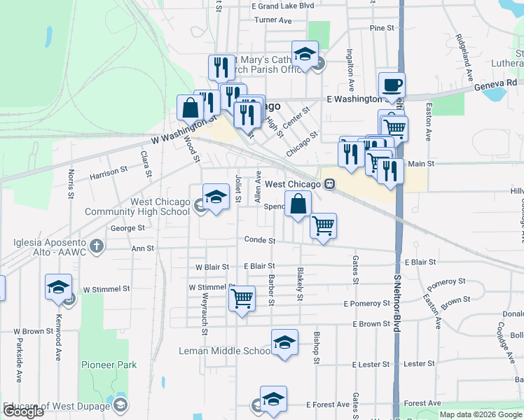 map of restaurants, bars, coffee shops, grocery stores, and more near 134 Spencer Street in West Chicago