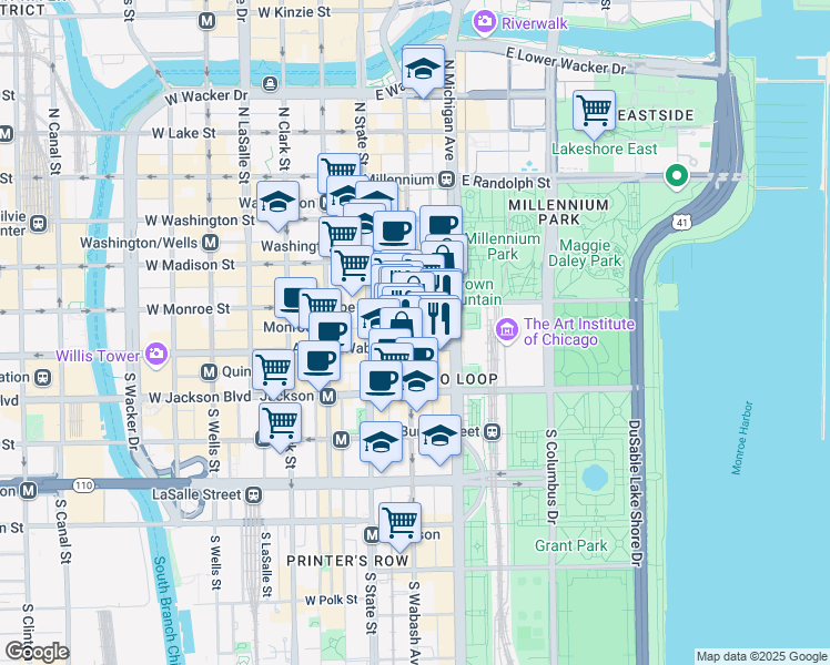 map of restaurants, bars, coffee shops, grocery stores, and more near 135 South Wabash Avenue in Chicago