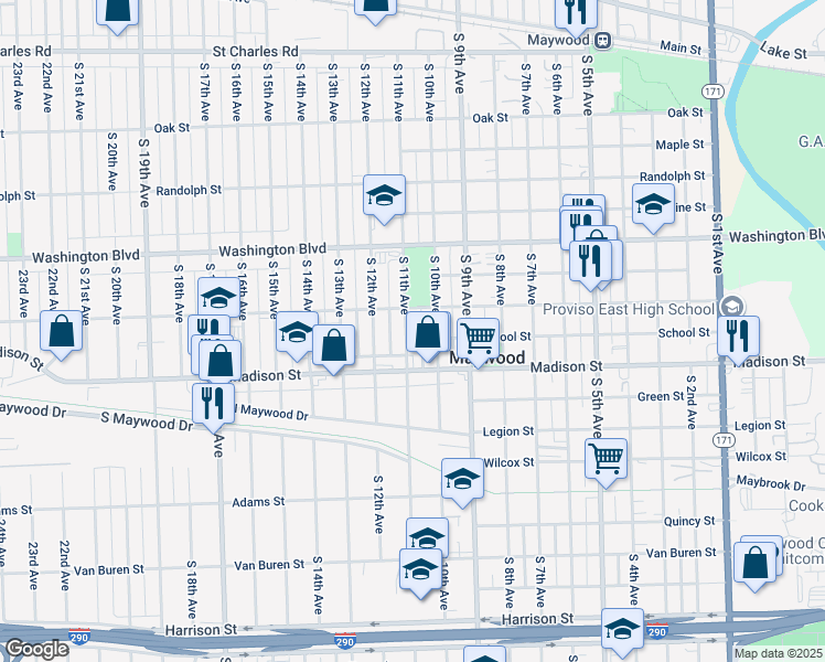 map of restaurants, bars, coffee shops, grocery stores, and more near 817 South 11th Avenue in Maywood