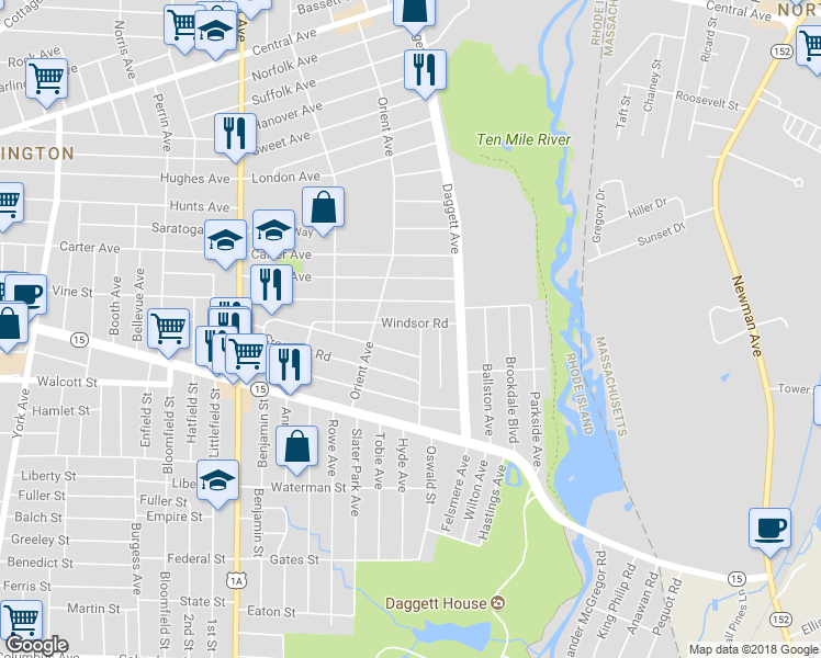 map of restaurants, bars, coffee shops, grocery stores, and more near 111 Windsor Road in Pawtucket