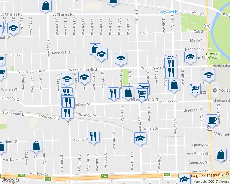 map of restaurants, bars, coffee shops, grocery stores, and more near 815 South 12th Avenue in Maywood