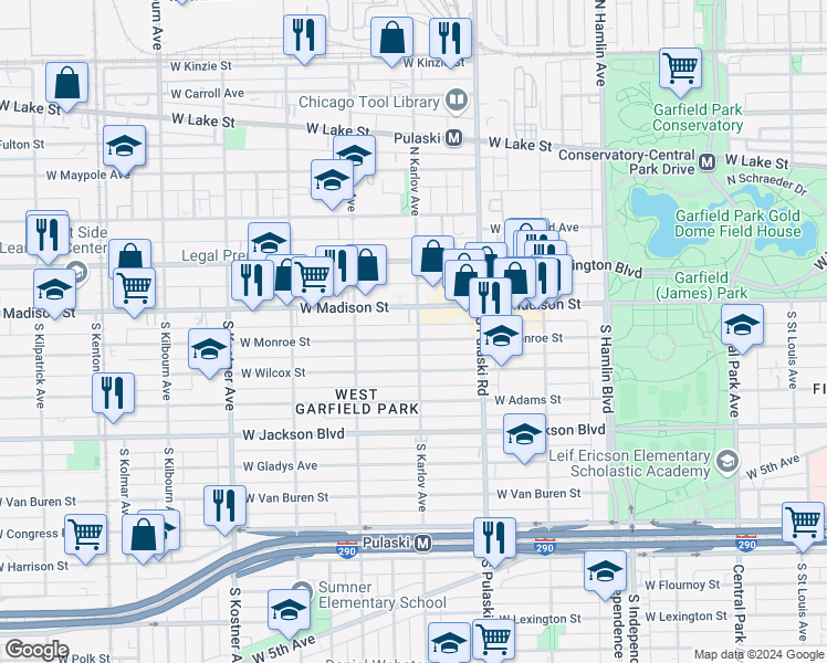 map of restaurants, bars, coffee shops, grocery stores, and more near 4110 West Monroe Street in Chicago