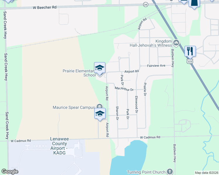 map of restaurants, bars, coffee shops, grocery stores, and more near 2629 Airport Road in Adrian