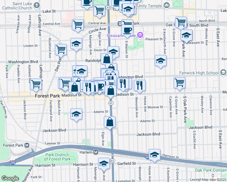 map of restaurants, bars, coffee shops, grocery stores, and more near 1148 Madison Street in Chicago