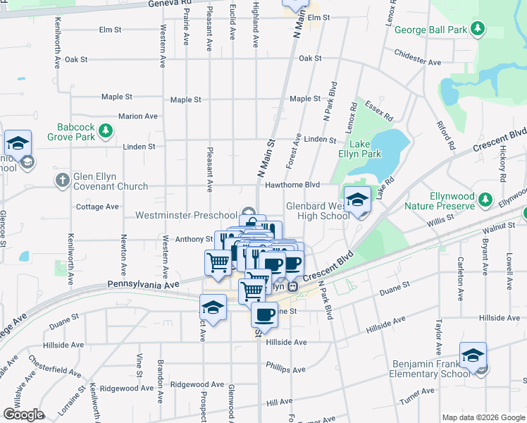 map of restaurants, bars, coffee shops, grocery stores, and more near 563 North Main Street in Glen Ellyn