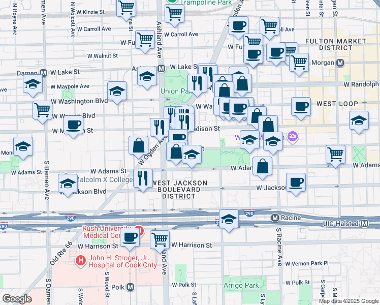 map of restaurants, bars, coffee shops, grocery stores, and more near 104 South Laflin Street in Chicago