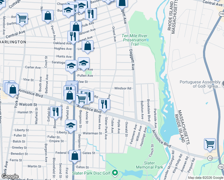 map of restaurants, bars, coffee shops, grocery stores, and more near 67 Windsor Road in Pawtucket