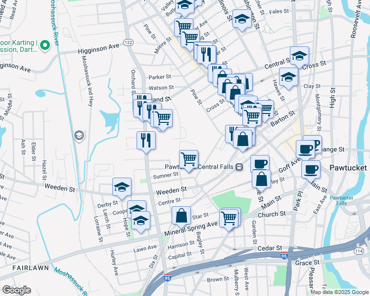 map of restaurants, bars, coffee shops, grocery stores, and more near 28 Beecher Street in Pawtucket