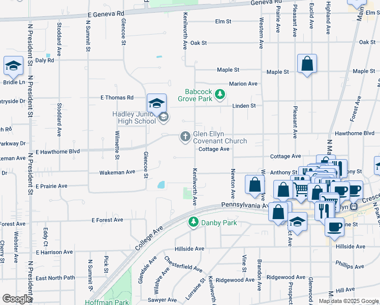 map of restaurants, bars, coffee shops, grocery stores, and more near 566 Kenilworth Avenue in Glen Ellyn