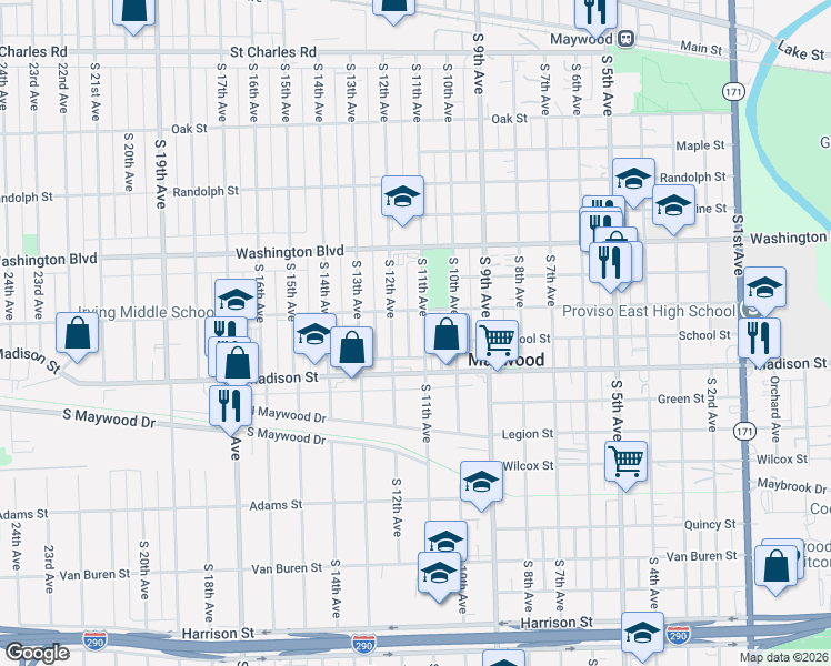map of restaurants, bars, coffee shops, grocery stores, and more near 817 South 11th Avenue in Maywood