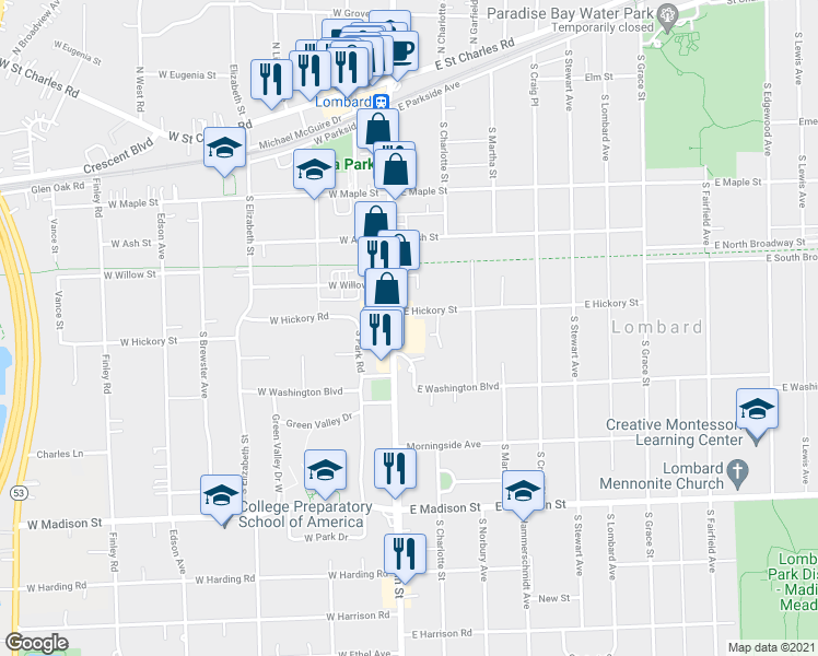 map of restaurants, bars, coffee shops, grocery stores, and more near 401 S Main St in Lombard
