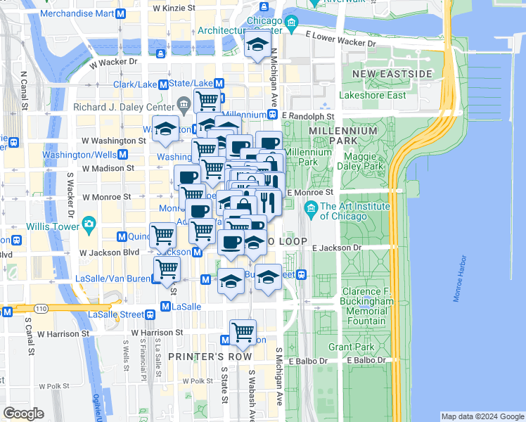 map of restaurants, bars, coffee shops, grocery stores, and more near 135 South Wabash Avenue in Chicago