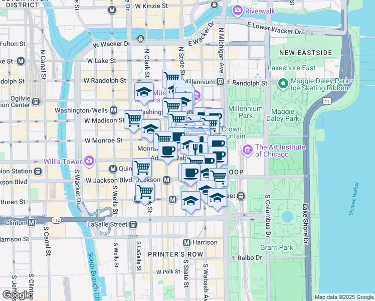 map of restaurants, bars, coffee shops, grocery stores, and more near 111 S South State Street in Chicago