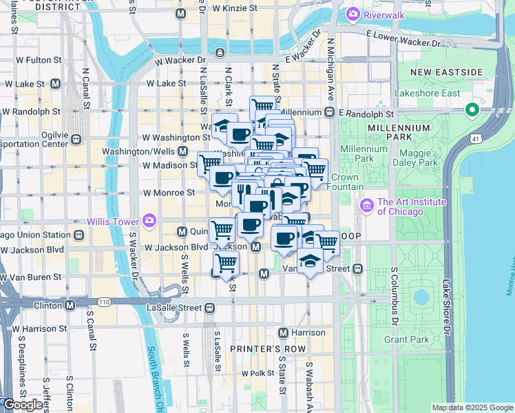 map of restaurants, bars, coffee shops, grocery stores, and more near South Dearborn Street in Chicago