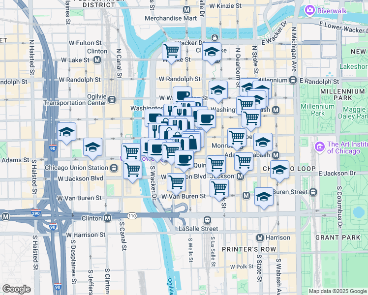 map of restaurants, bars, coffee shops, grocery stores, and more near 227 West Monroe Street in Chicago