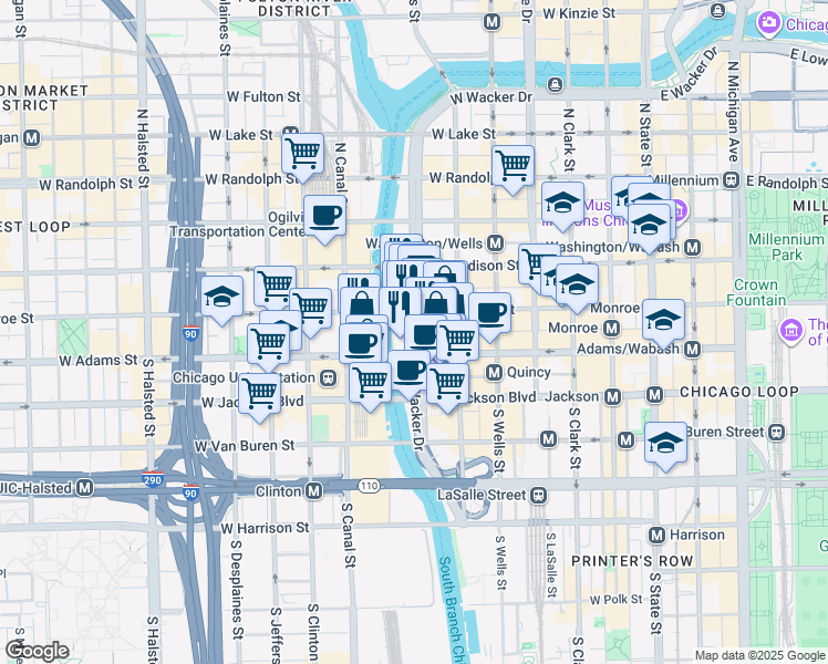 map of restaurants, bars, coffee shops, grocery stores, and more near 150 South Wacker Drive in Chicago