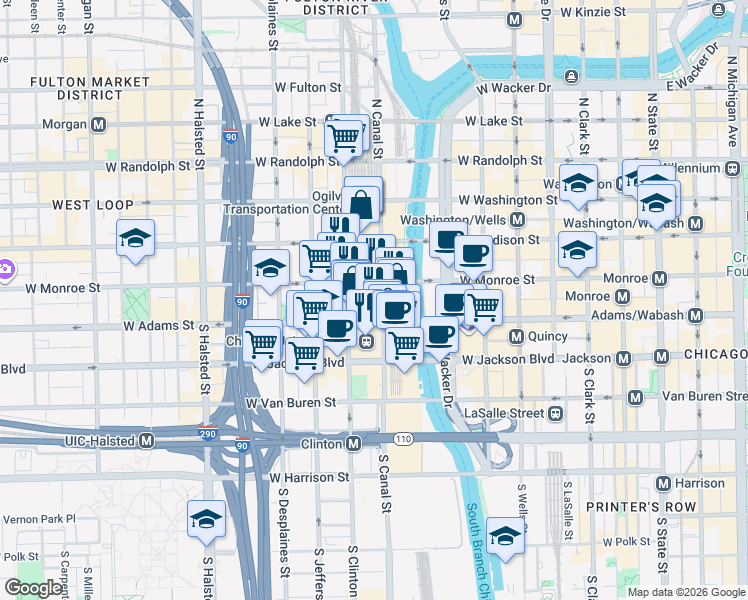 map of restaurants, bars, coffee shops, grocery stores, and more near in Chicago