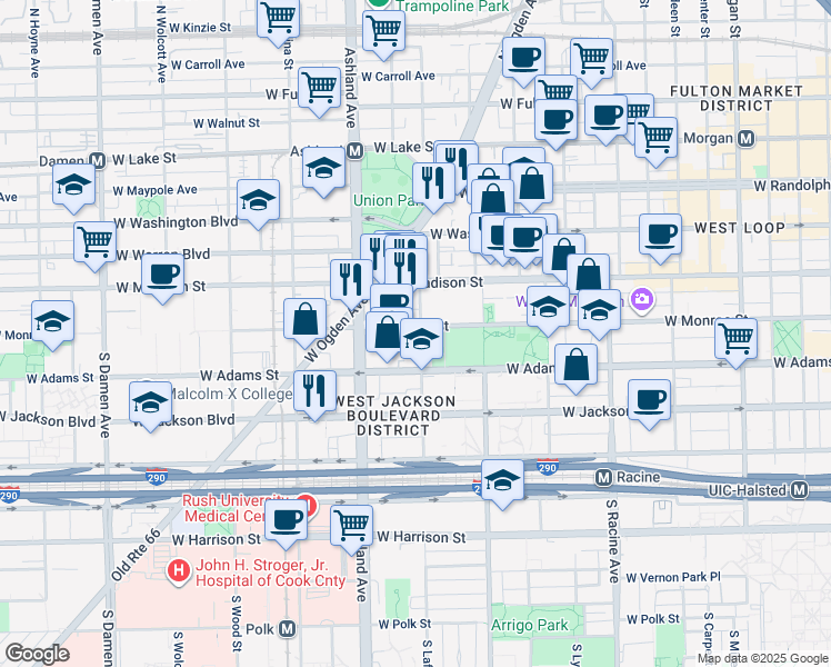map of restaurants, bars, coffee shops, grocery stores, and more near 104 South Laflin Street in Chicago