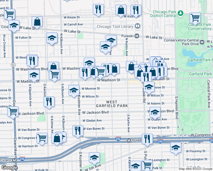 map of restaurants, bars, coffee shops, grocery stores, and more near 4236 West Monroe Street in Chicago