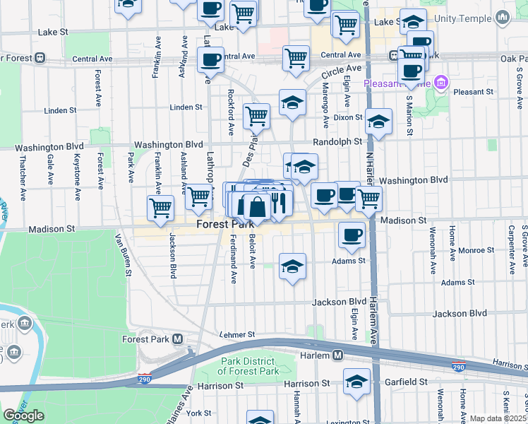 map of restaurants, bars, coffee shops, grocery stores, and more near 7441 Madison Street in Forest Park
