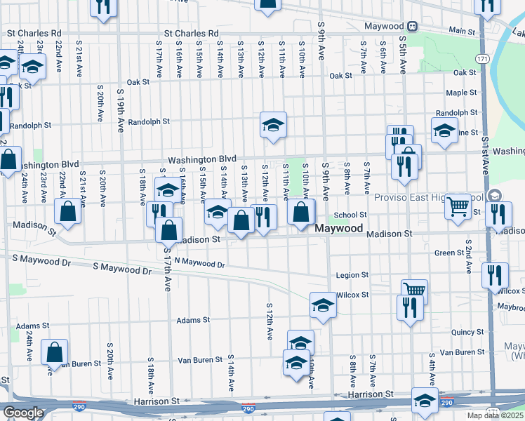 map of restaurants, bars, coffee shops, grocery stores, and more near 815 South 12th Avenue in Maywood