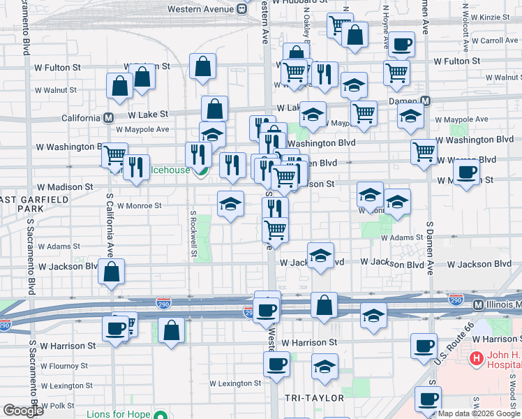 map of restaurants, bars, coffee shops, grocery stores, and more near 96 South Western Avenue in Chicago