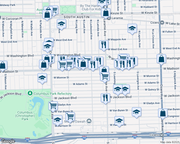 map of restaurants, bars, coffee shops, grocery stores, and more near 5301 West Madison Street in Chicago