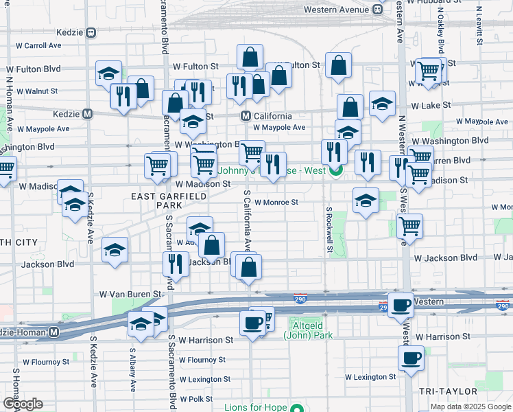 map of restaurants, bars, coffee shops, grocery stores, and more near 2747 West Monroe Street in Chicago