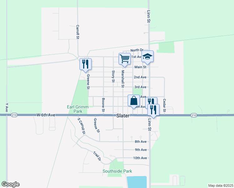 map of restaurants, bars, coffee shops, grocery stores, and more near 403 4th Avenue in Slater