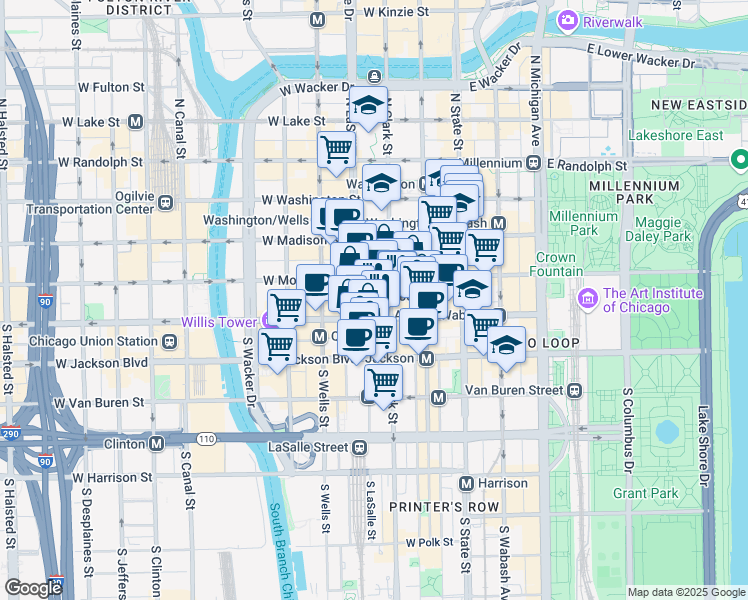 map of restaurants, bars, coffee shops, grocery stores, and more near 135 South LaSalle Street in Chicago