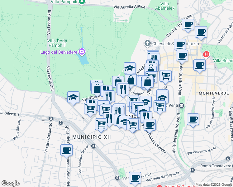 map of restaurants, bars, coffee shops, grocery stores, and more near 25 Via Pio Foà in Roma