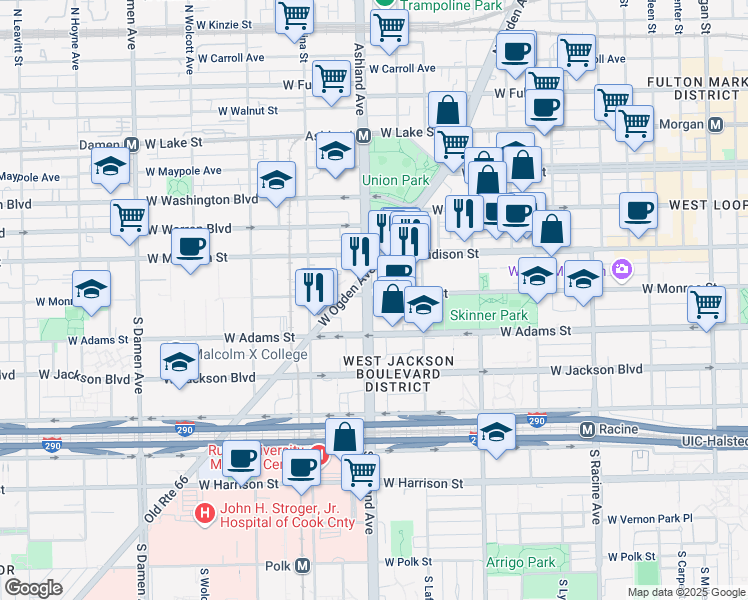 map of restaurants, bars, coffee shops, grocery stores, and more near 105 South Ashland Avenue in Chicago