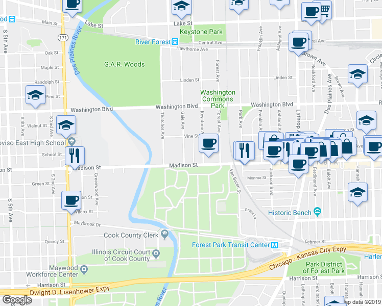 map of restaurants, bars, coffee shops, grocery stores, and more near 11 Gale Avenue in River Forest