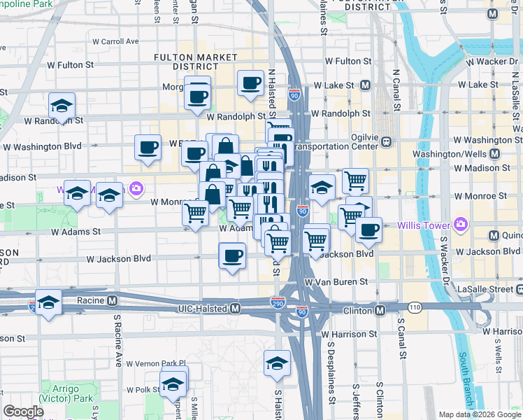map of restaurants, bars, coffee shops, grocery stores, and more near 123 South Green Street in Chicago
