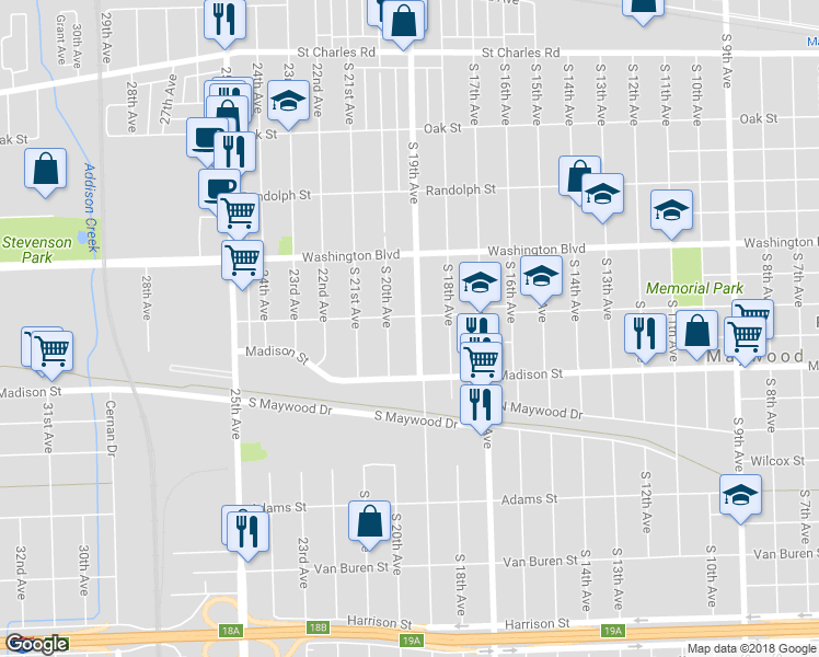 map of restaurants, bars, coffee shops, grocery stores, and more near 806 South 19th Avenue in Maywood
