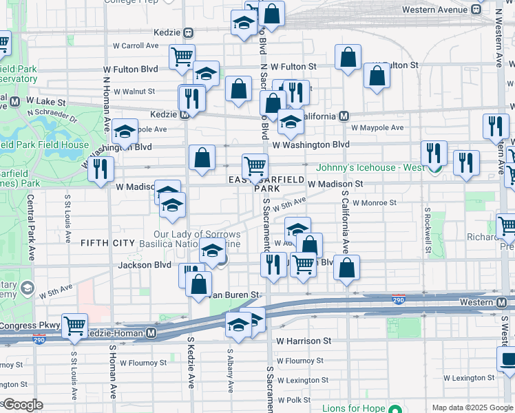 map of restaurants, bars, coffee shops, grocery stores, and more near 33 South Whipple Street in Chicago