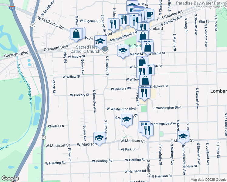map of restaurants, bars, coffee shops, grocery stores, and more near 235 West Hickory Road in Lombard