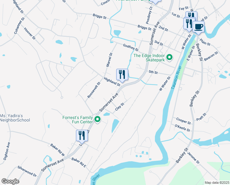 map of restaurants, bars, coffee shops, grocery stores, and more near 693 Somerset Avenue in Taunton