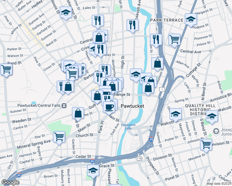 map of restaurants, bars, coffee shops, grocery stores, and more near 50 Exchange Street in Pawtucket