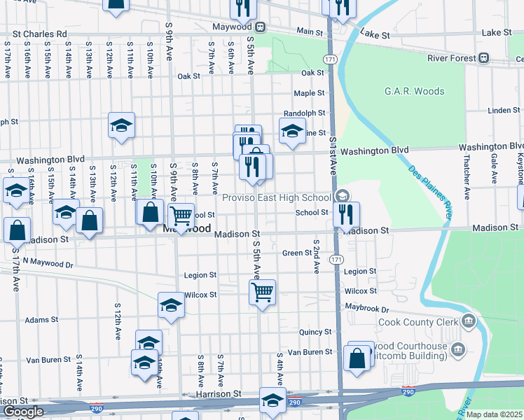 map of restaurants, bars, coffee shops, grocery stores, and more near 815 South 5th Avenue in Maywood