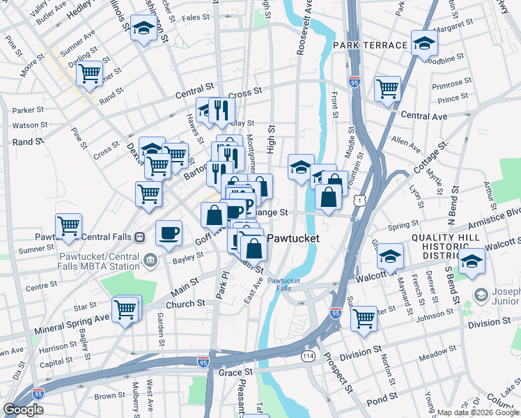 map of restaurants, bars, coffee shops, grocery stores, and more near 50 Exchange Street in Pawtucket