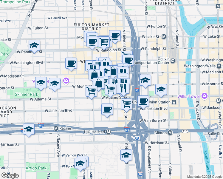 map of restaurants, bars, coffee shops, grocery stores, and more near 113 South Peoria Street in Chicago