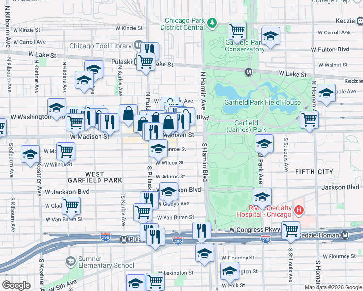 map of restaurants, bars, coffee shops, grocery stores, and more near 3856 West Monroe Street in Chicago