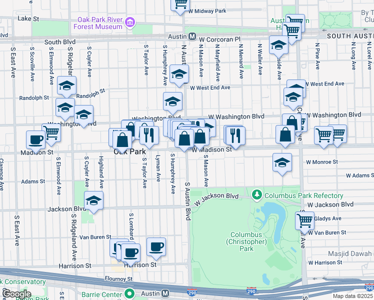 map of restaurants, bars, coffee shops, grocery stores, and more near Madison St & S Austin Blvd in Oak Park