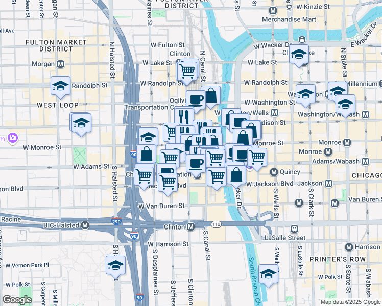 map of restaurants, bars, coffee shops, grocery stores, and more near 500 West Monroe Street in Chicago