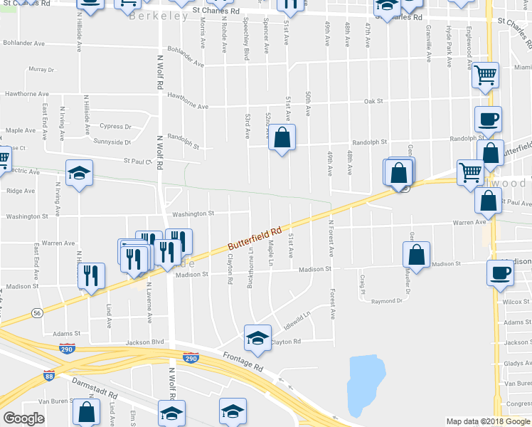 map of restaurants, bars, coffee shops, grocery stores, and more near 516 Maple Lane in Hillside