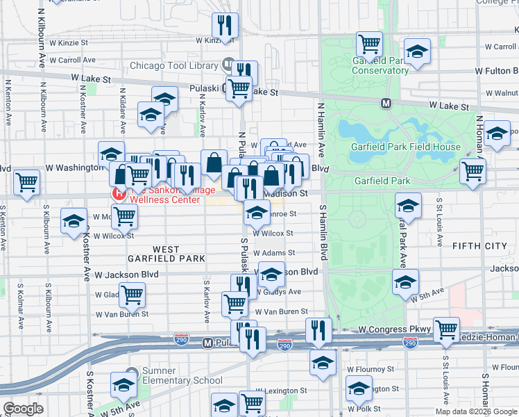 map of restaurants, bars, coffee shops, grocery stores, and more near 3936 West Monroe Street in Chicago