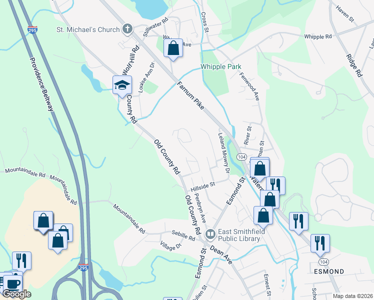 map of restaurants, bars, coffee shops, grocery stores, and more near 703 Pinewood Drive in Smithfield